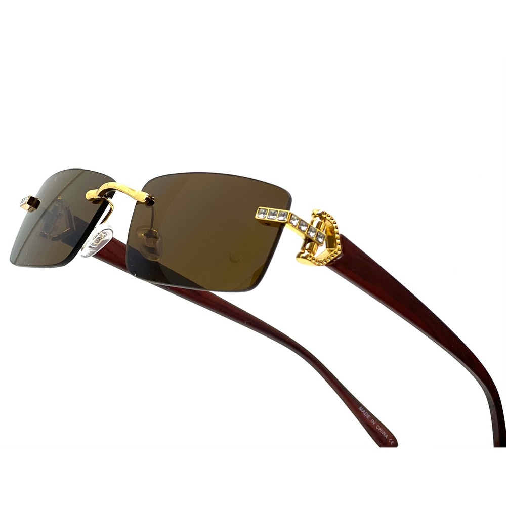 Rimless‎ Sunglasses Wood Grain Frame Gold Accents Brown Lens Men Buffs Hip Hop